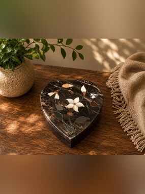 🖤 Elegant Black Stone Heart Keepsake Jewelry Box • Mother of Pearl Floral Inlay